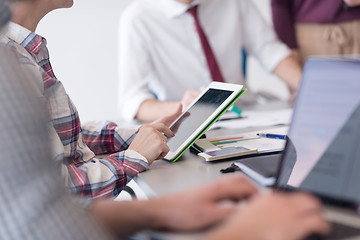 Image showing young business people group on meeting at modern office