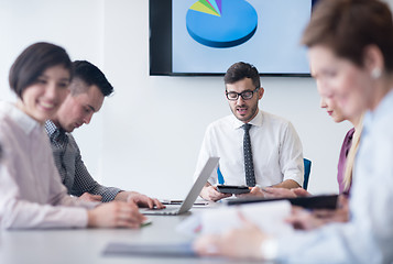 Image showing young business people group on team meeting at modern office