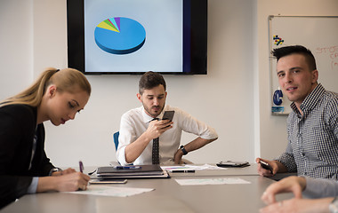 Image showing young business people group on meeting at modern office