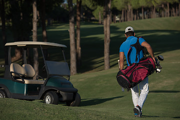 Image showing golfer  walking and carrying golf  bag