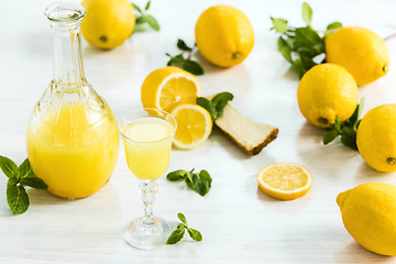 Image showing Italian traditional liqueur limoncello with lemon