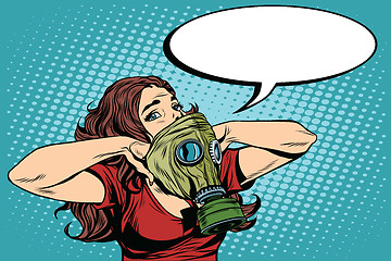 Image showing Civil defence girl wears a protective gas mask