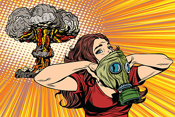 Image showing Nuclear explosion radiation hazard gas mask girl