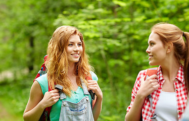 Image showing group of smiling friends with backpacks hiking