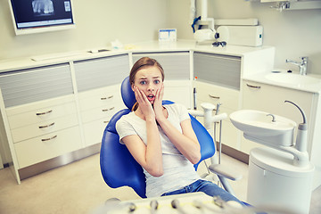 Image showing scared and terrified patient girl at dental clinic