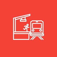 Image showing Latecomer man running along the platform to reach train line icon.