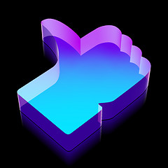 Image showing 3d neon glowing Thumb Up icon made of glass, vector illustration.