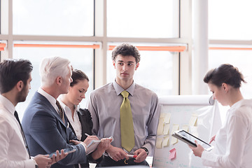 Image showing young startup businessman making presentation to senior investio