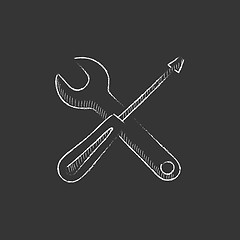 Image showing Screwdriver and wrench tools. Drawn in chalk icon.