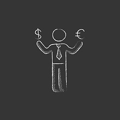 Image showing Businessman holding Euro and US dollar. Drawn in chalk icon.