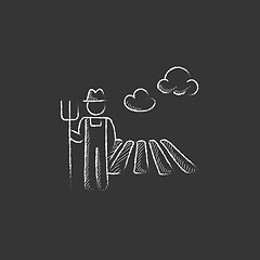 Image showing Farmer with pitchfork. Drawn in chalk icon.