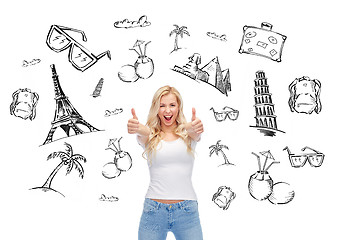 Image showing happy young woman or teenage girl in white t-shirt