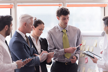 Image showing young startup businessman making presentation to senior investio