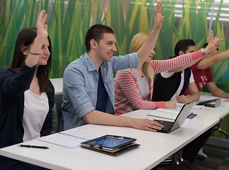 Image showing students group raise hands up