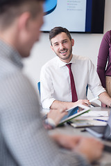 Image showing young business people group on meeting at modern office