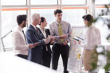 Image showing young startup businessman making presentation to senior investio