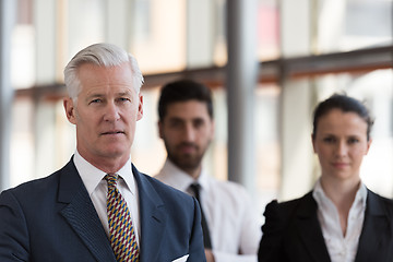 Image showing portrait of senior businessman as leader  with group of people i