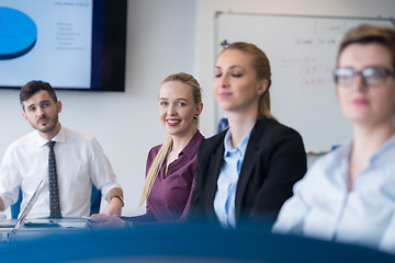 Image showing young business people group on team meeting at modern office