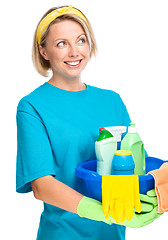 Image showing Young woman as a cleaning maid