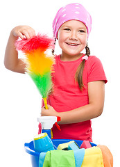 Image showing Young girl is dressed as a cleaning maid