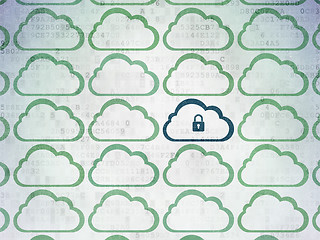 Image showing Cloud computing concept: cloud with padlock icon on Digital Data Paper background