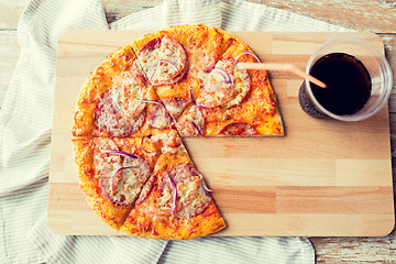 Image showing close up of pizza with coca cola on table