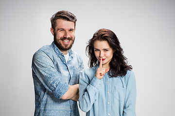 Image showing Portrait of happy couple on gray background