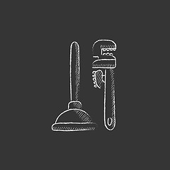 Image showing Pipe wrenches and plunger. Drawn in chalk icon.