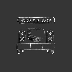 Image showing TV flat screen and home theater. Drawn in chalk icon.