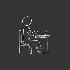 Image showing Businessman working at his laptop. Drawn in chalk icon.