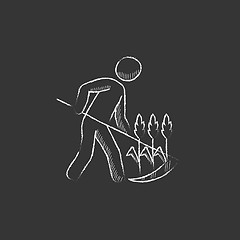 Image showing Man mowing grass with scythe. Drawn in chalk icon.