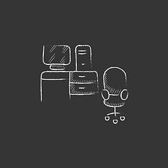 Image showing Computer set with table and chair. Drawn in chalk icon.