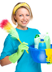 Image showing Young woman as a cleaning maid