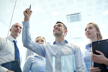 Image showing smiling business people with marker and stickers