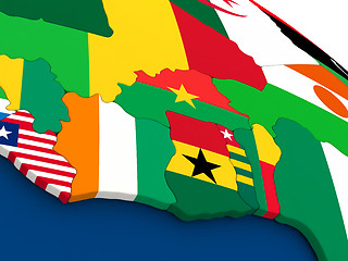 Image showing Ivory Coast, Ghana and Burkina Faso on globe with flags