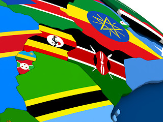 Image showing Kenya, Uganda, Rwanda and Burundi on globe with flags