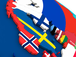 Image showing Scandinavia on globe with flags