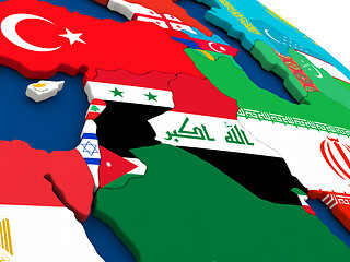 Image showing Israel, Lebanon, Jordan, Syria and Iraq region on globe with fla