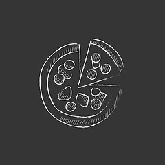 Image showing Whole pizza with slice. Drawn in chalk icon.