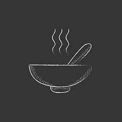 Image showing Bowl of hot soup with spoon. Drawn in chalk icon.