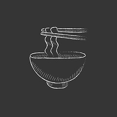 Image showing Bowl of noodles with pair chopsticks. Drawn in chalk icon.