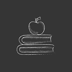 Image showing Books and apple on top. Drawn in chalk icon.