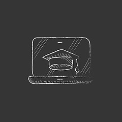 Image showing Laptop with graduation cap on screen. Drawn in chalk icon.