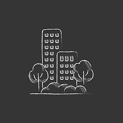 Image showing Residential building with trees. Drawn in chalk icon.