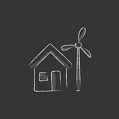 Image showing House with windmill. Drawn in chalk icon.