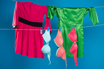 Image showing lingerie and skirts hanging on a clothesline 