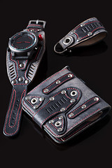 Image showing accessory kit. biker watch, wallet and key ring. 