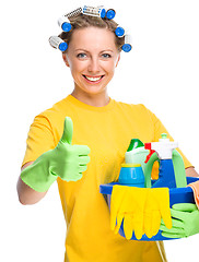 Image showing Young woman as a cleaning maid