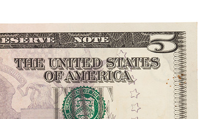 Image showing US five Dollar bill, close up 