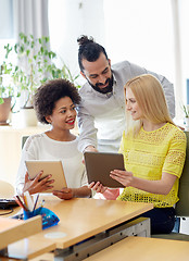 Image showing happy creative team with tablet pc in office